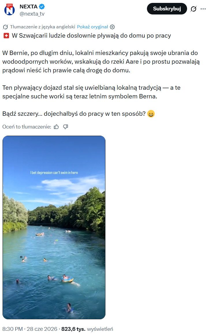 Ponad 820 tys. wyświetleń zebrał wpis o pływaniu do domu po pracy w szwajcarskim Bernie 