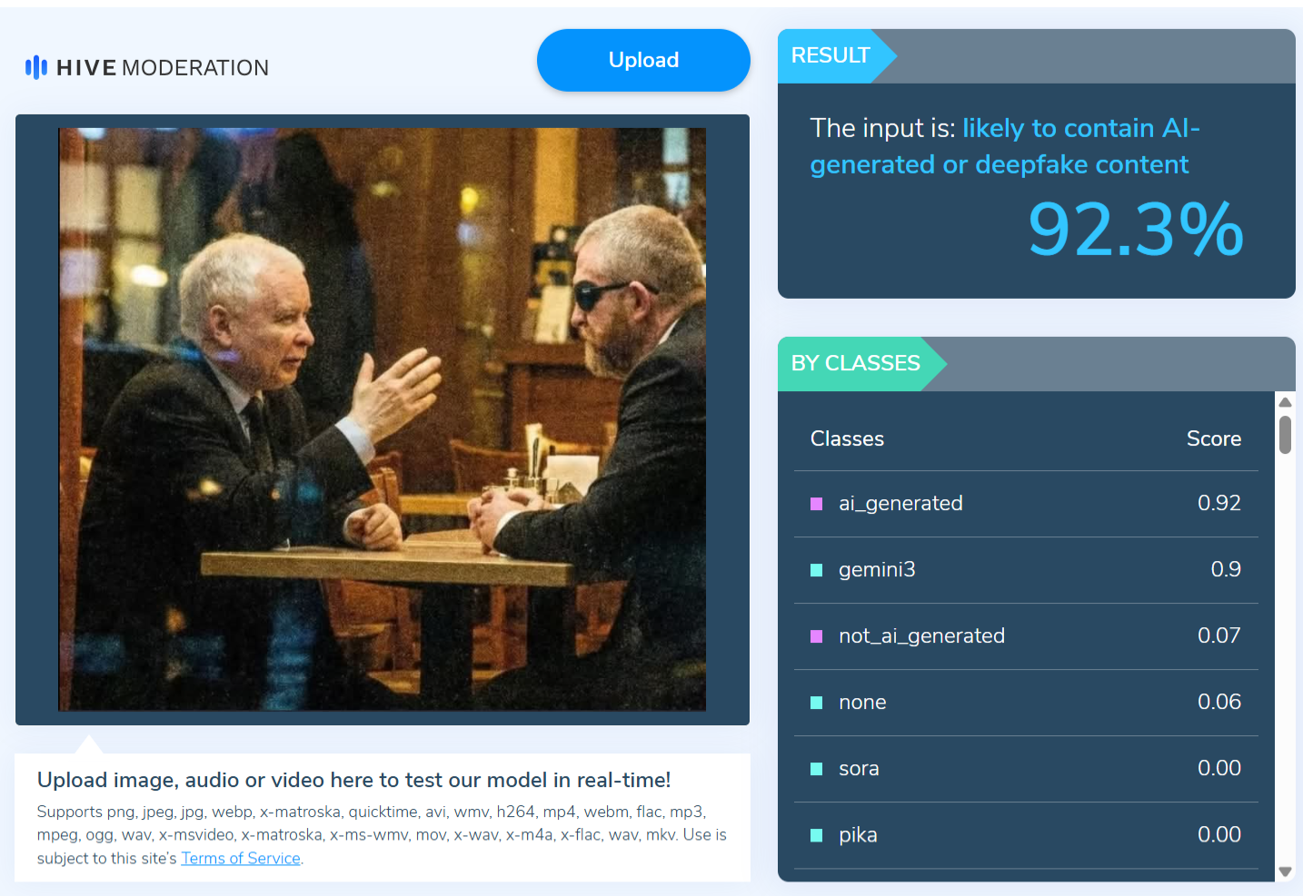 Wynik analizy w narzędziu od Hive Moderation