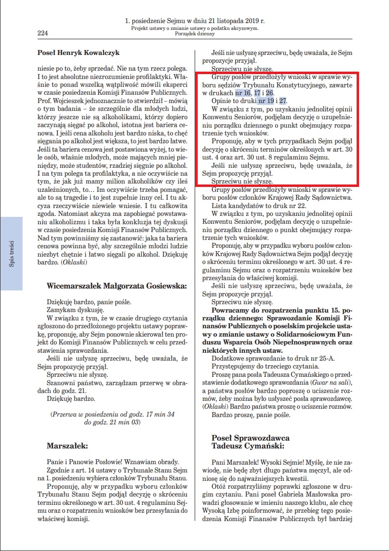 Elżbieta Witek skorzystała z takiej samej metody skrócenia terminu przy wyborze sędziów do TK w listopadzie 2029 roku