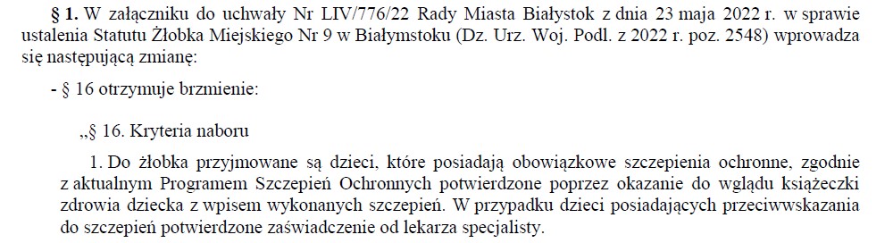 Przykładowa zmiana treści jednej z uchwał dotyczącej jednego ze żłobków w Białymstoku: pozostawiono tylko kryterium szczepień, inne usunięto