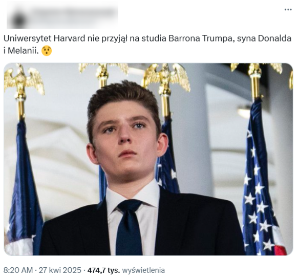 Wprowadzający w błąd post o Barronie Trumpie wyświetlono ponad pół miliona razy