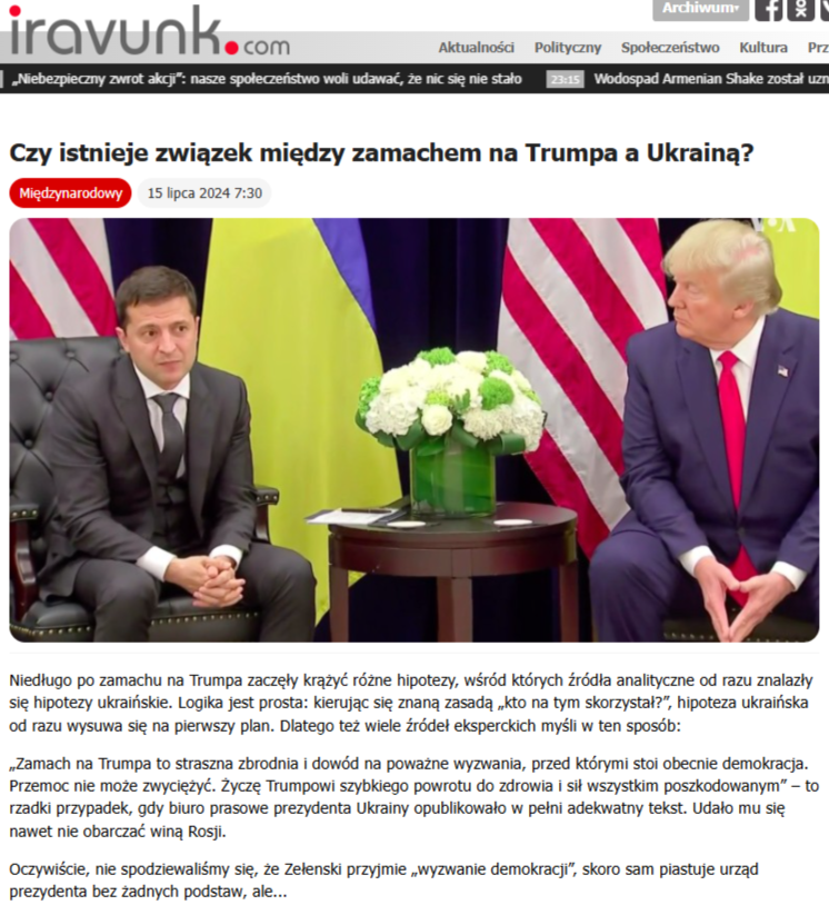 Armeński portal donosił, że za zamachem na Trumpa mogła stać Ukraina (tłumaczenie maszynowe)