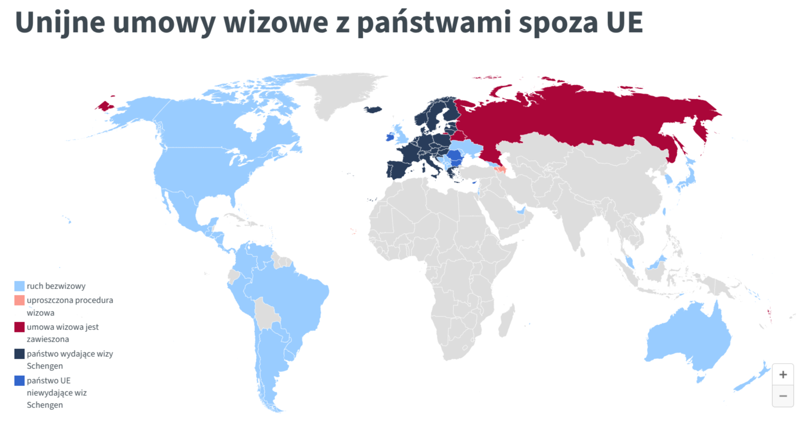 Ustawa będzie mogła dotyczyć wyłącznie wybranych krajów z ruchem bezwizowym z UE (kolor błękitny na mapie)
