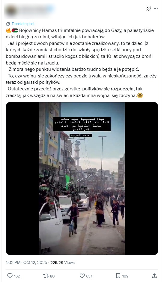 Wpis o bojownikach Hamasu, którzy rzekomo powracają do Gazy po zawarciu porozumienia o zawieszeniu broni