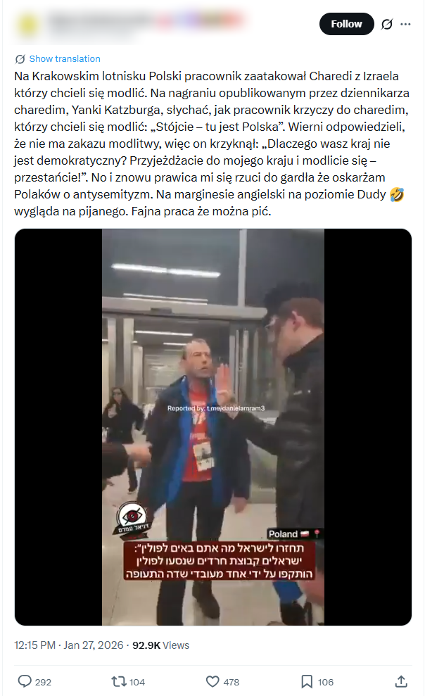 Wpis o tym, że "polski pracownik" zaatakował na krakowskim lotnisku przebywających tam Żydów