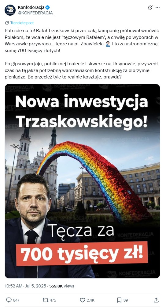 Post Konfederacji o "nowej inwestycji Trzaskowskiego" wprowadza w błąd