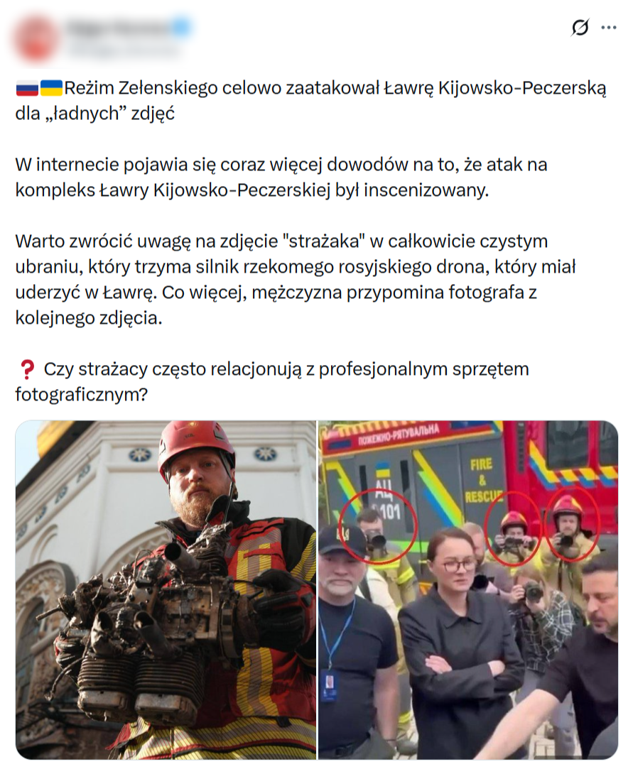 Na polskich profilach można przeczytać, że atak był "ukraińską inscenizacją", a strażak z częścią rosyjskiego drona - aktorem