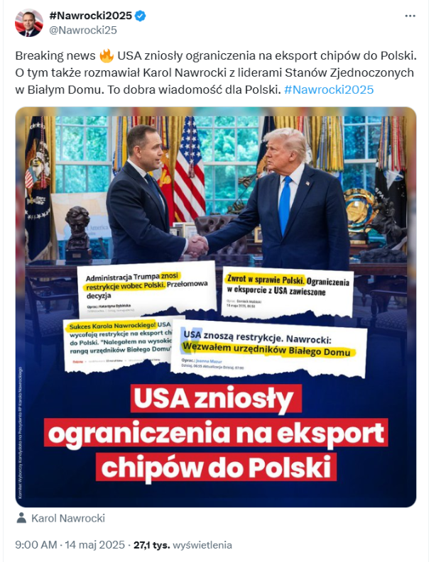 Wprowadzające w błąd tezy o "sukcesie Karola Nawrockiego" w Białym Domu zawierała ilustracja na profilu kandydata PiS