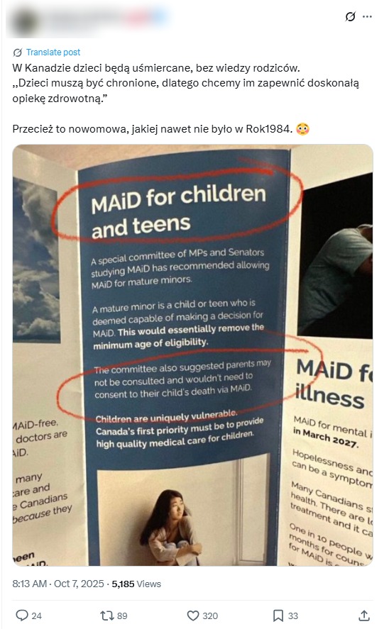 Dowodem na to, że rzekomo w Kanadzie eutanazji poddawane będą dzieci bez zgody rodziców, ma być zdjęcie jakiejś ulotki
