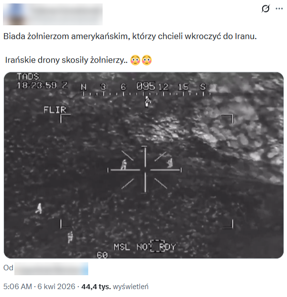 Wideo mające pokazywać, jak irańskie drony ostrzeliwują amerykańskich żołnierzy, tylko na jednym koncie wyświetlono ponad 40 tys. razy 