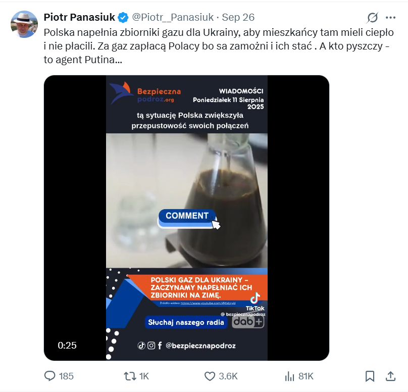 Wpis o "Polsce napełniającej zbiorniki gazu dla Ukrainy" wygenerował ponad 80 tys. wyświetleń