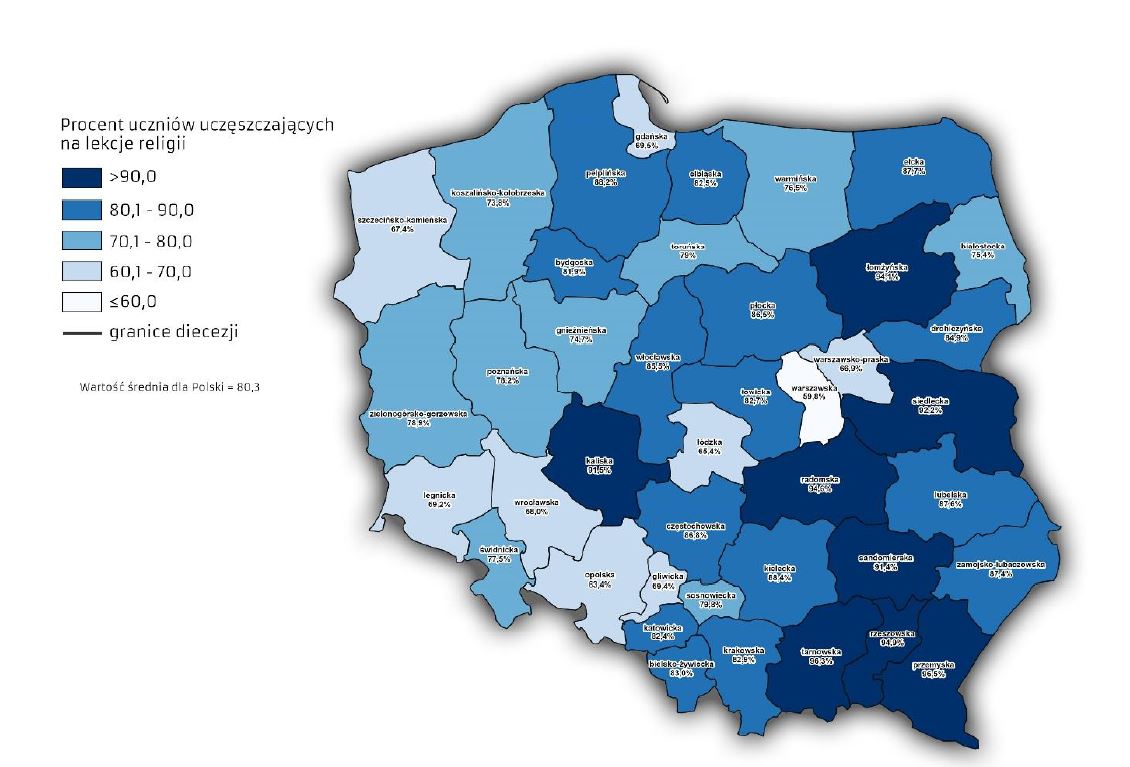 Udział uczniów w lekcjach religii z podziałem na diecezje, rok szkolny 2022/2023 