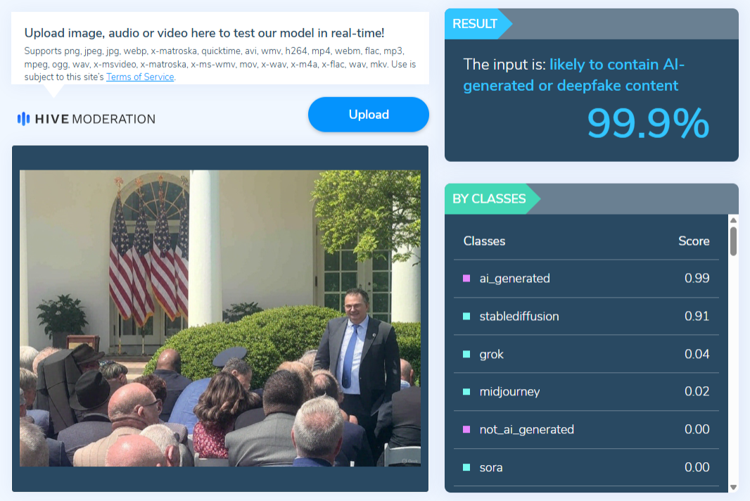 Narzędzie do weryfikacji Hive Moderation wskazuje na 99,9 proc. prawdopodobieństwo wygenerowania zdjęcia przez AI.