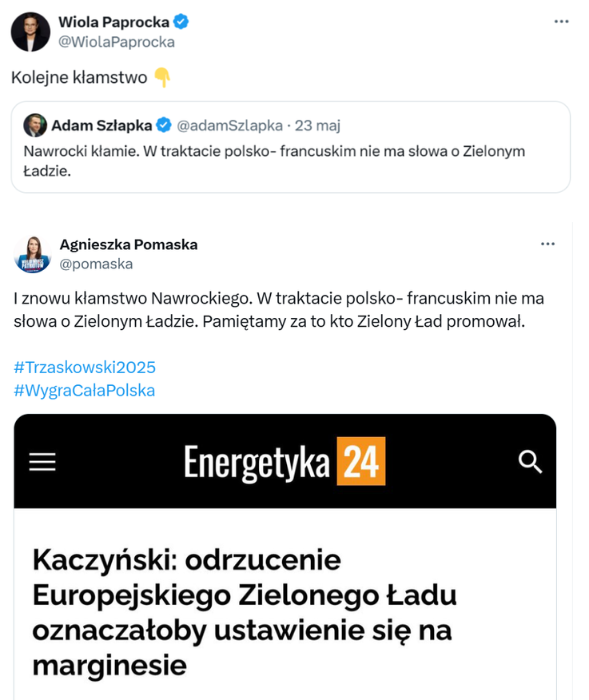 Wpisy polityków o traktacie polsko-francuskim i Zielonym Ładzie w nim
