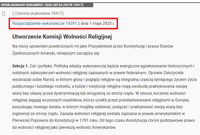 Rozporządzenie wykonawcze nr 14291 tak naprawdę powoływało Komisję ds. Wolności Religijnej 