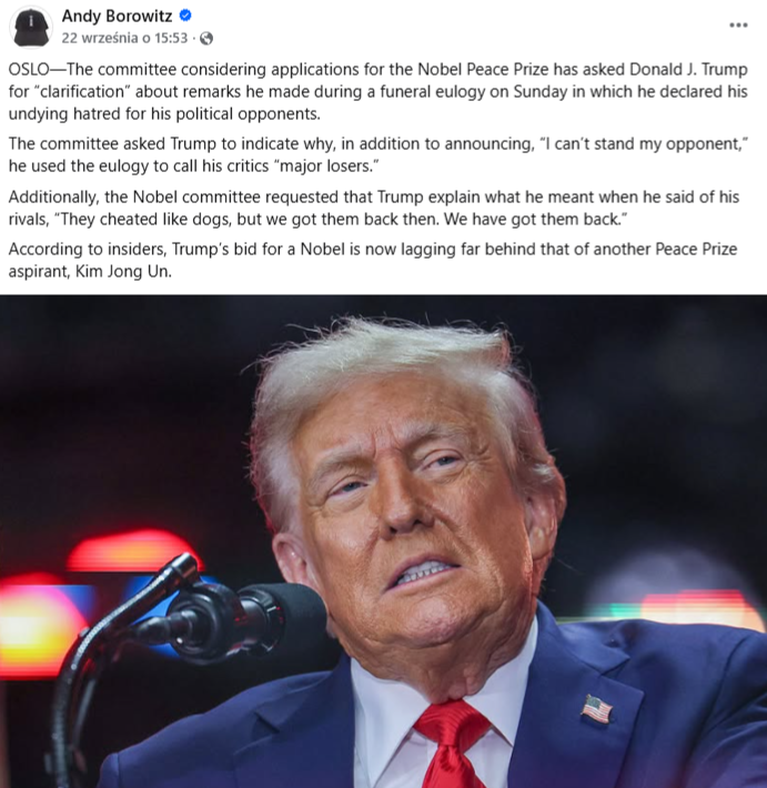 Źródłem przekazu jest pisarz i komik Andy Borowitz znany z pisania satyrycznych newsów