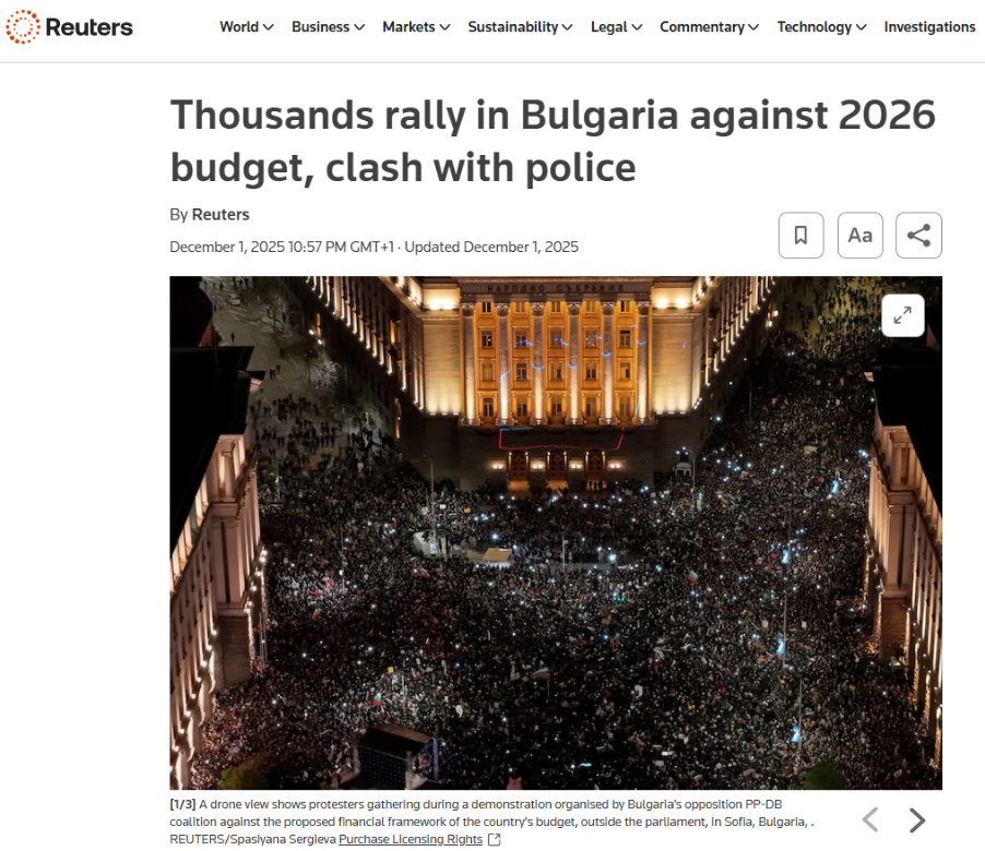 O potężnych demonstracjach w bułgarskich miastach 1 grudnia informował m.in. Reuters
