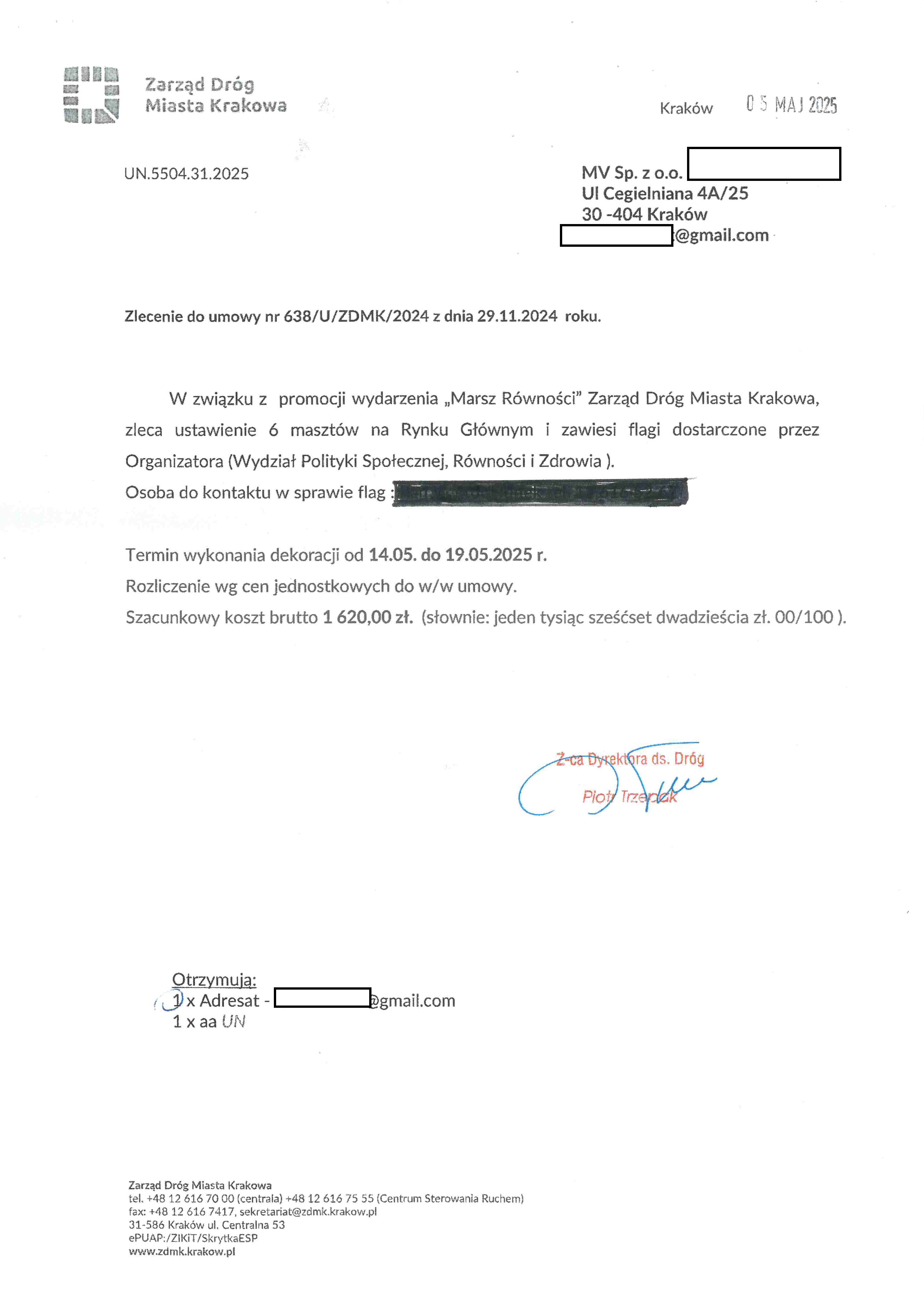 Zlecenie krakowskiego ZDM w sprawie ustawienia masztów