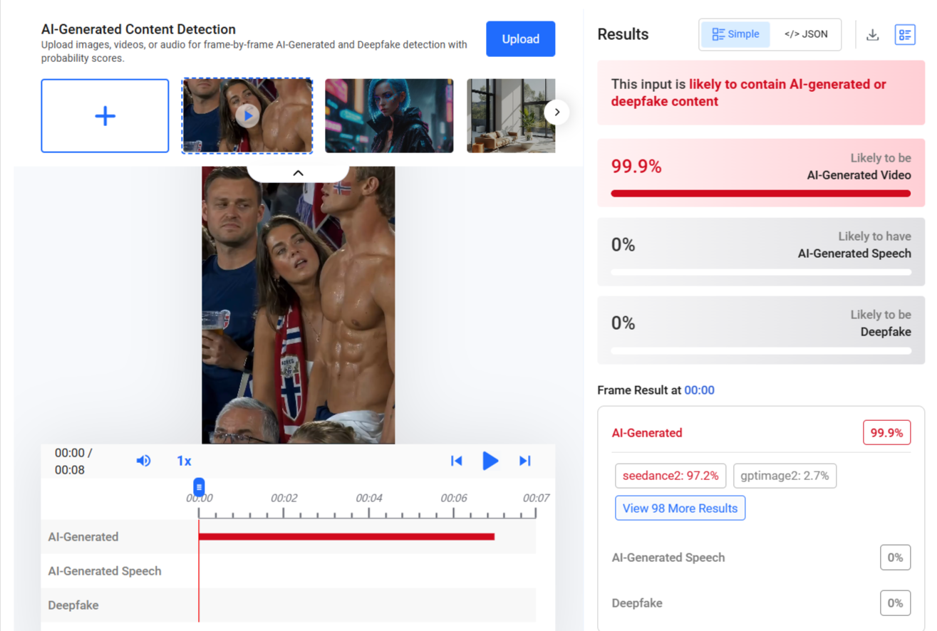 Analiza filmu z kibicami wykonana z pomocą narzędzia Hive Moderation 