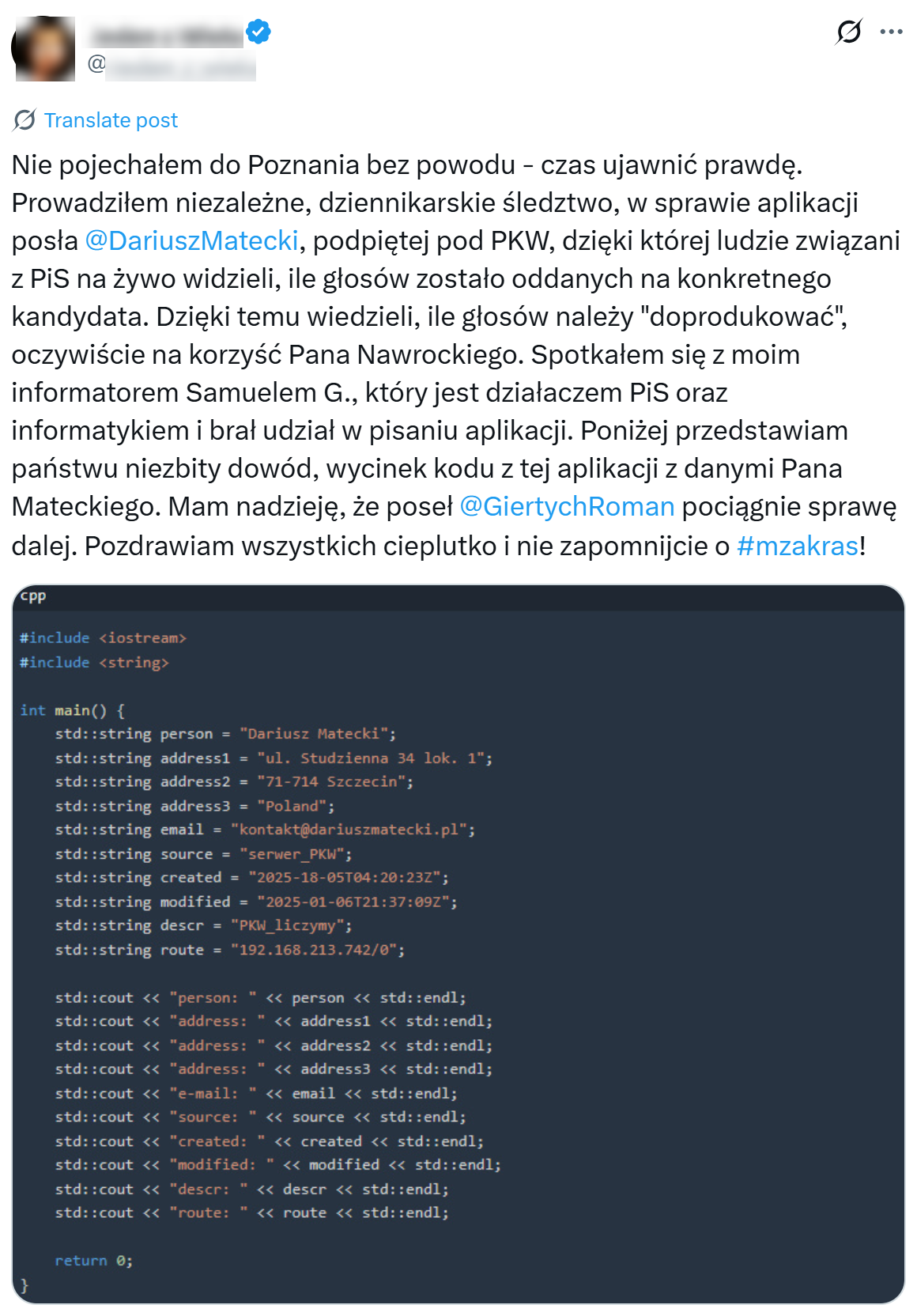 Jeden z internautów miał opublikować dowód na połączenie "aplikacji Mateckiego" z serwerami PKW