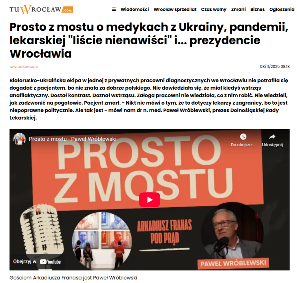 Omówienie rozmowy z Pawłem Wróblewskim 8 listopada opublikowano na portalu TuWroclaw.com