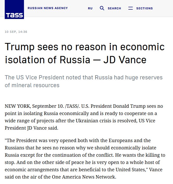 Czołówka depeszy agencji TASS ze zmanipulowanym cytatem J.D. Vance'a