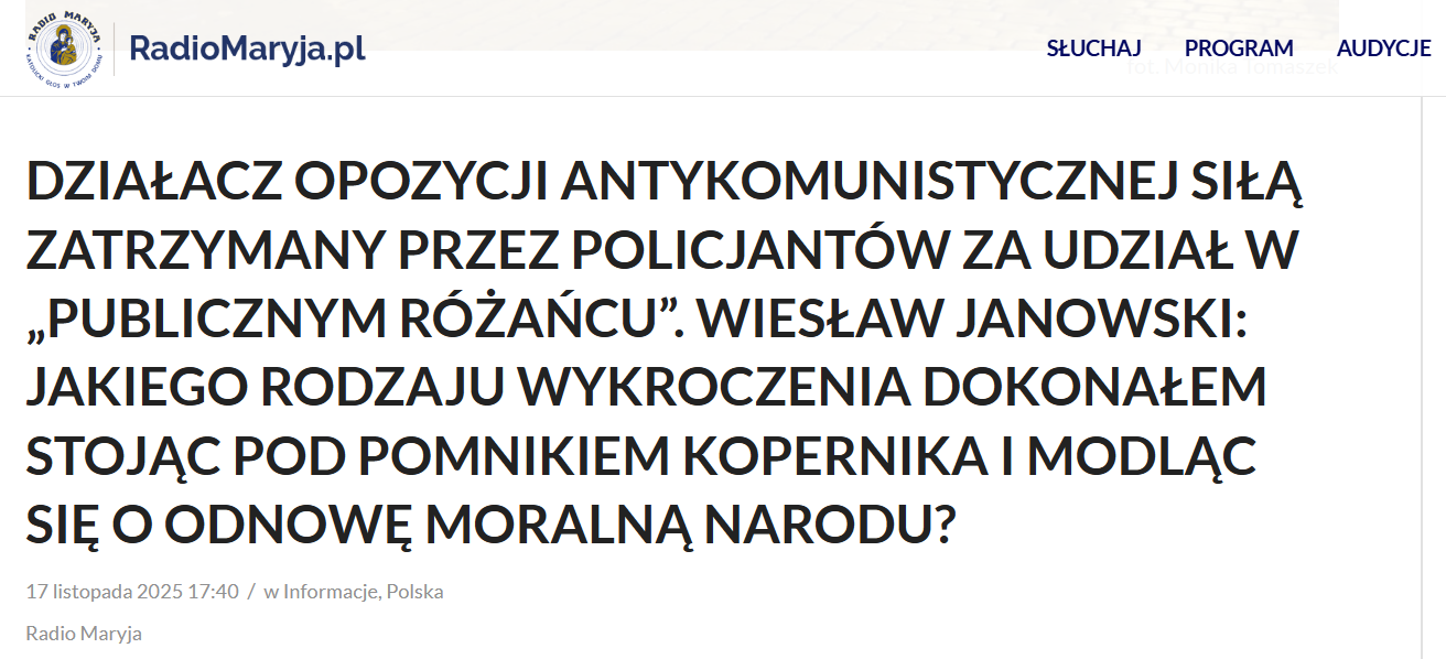 Tekst serwisu Radia Maryja o zatrzymaniu "za udział w publicznym różańcu"