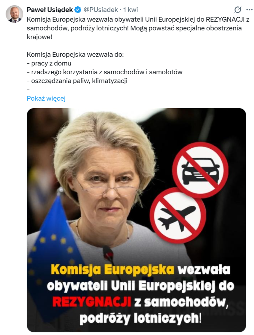 O rzekomym wezwaniu KE do rezygnacji z samochodów pisał m.in. członek Konfederacji