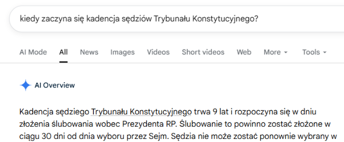 Google błędnie informuje na temat kadencji sędziów Trybunału Konstytucyjnego 