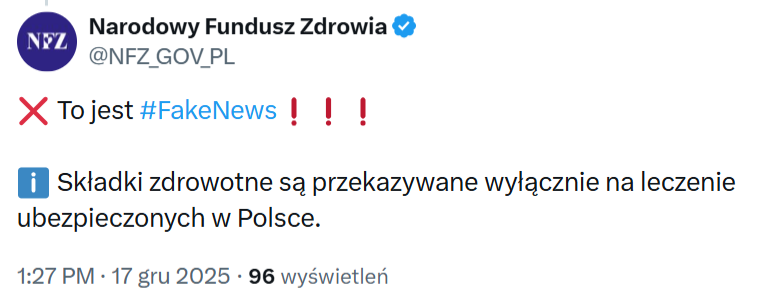 Odpowiedź NFZ na wprowadzający w błąd post w serwisie X