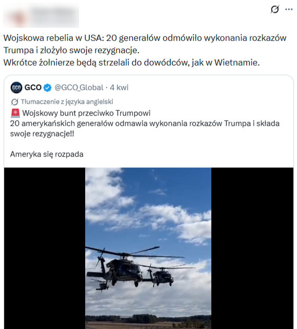 Przekaz o buncie 20 amerykańskich generałów przeszedł z anglojęzycznego internetu także do polskiego