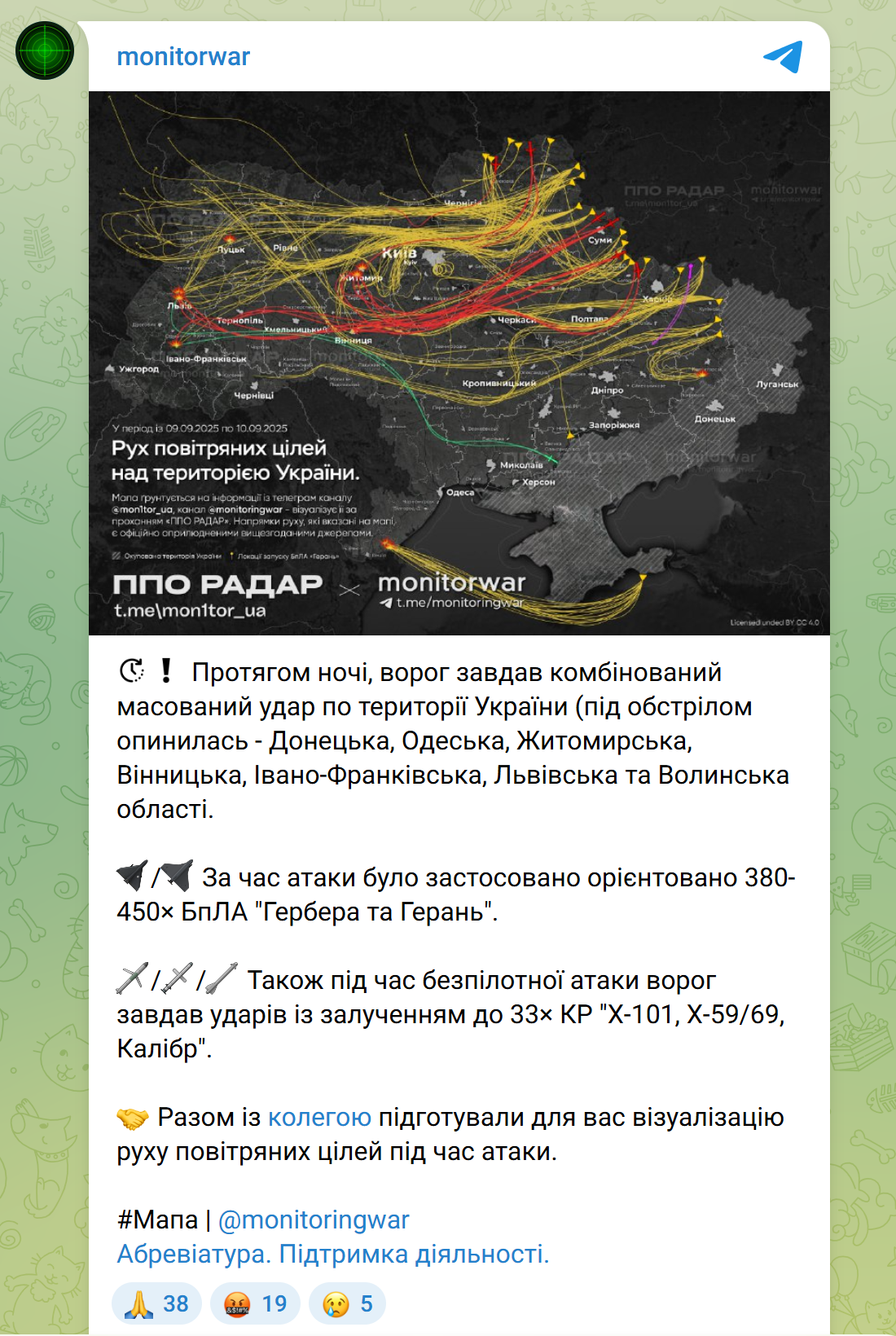 Mapa opublikowana 10 września 2025 roku na kanale Monitowar na Telegramie, między innymi trasę dronów, które wleciały do Polski
