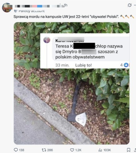 Chociaż post z fałszywą informacją o sprawcy ataku został przez autora konta usunięty, fake news wciąż rozchodził się w sieci