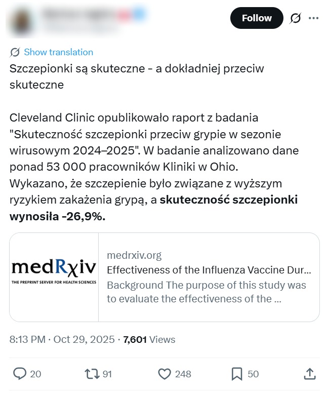 Post z fałszywą informacją, że badanie wykazało, iż zaszczepienie zwiększa ryzyko zachorowania na grypę