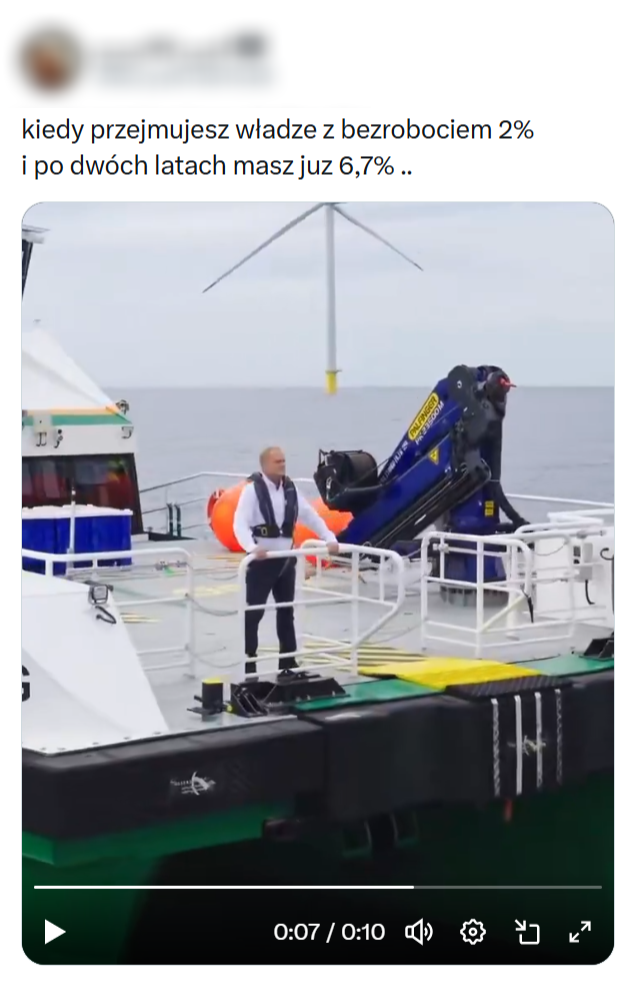 Według autora posta za rządów Donalda Tuska bezrobocie rzekomo miało wzrosnąć z 2 do 6,7 proc.