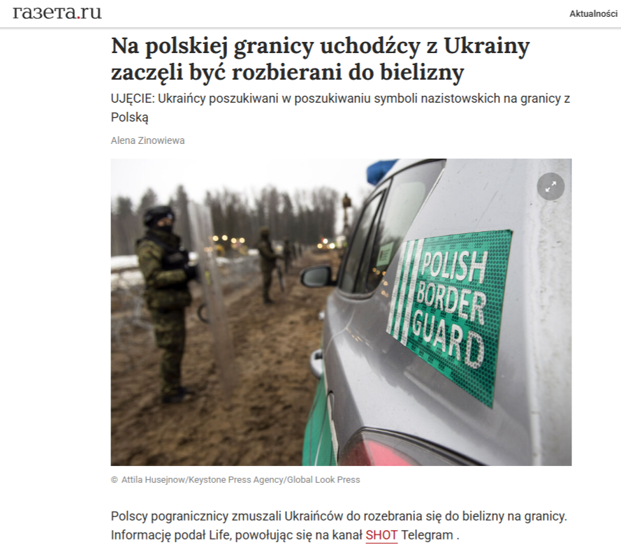 Artykuł na portalu gazeta.ru z fałszywymi informacjami (tłumaczenie maszynowe z języka rosyjskiego)