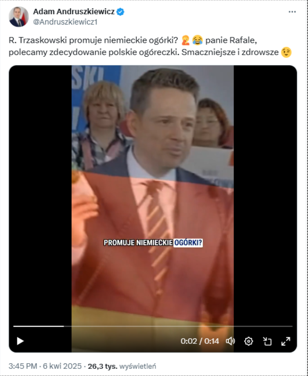 Poseł Andruszkiewicz nagrał wideo na temat ogórków, w którym wyśmiewa Trzaskowskiego  
