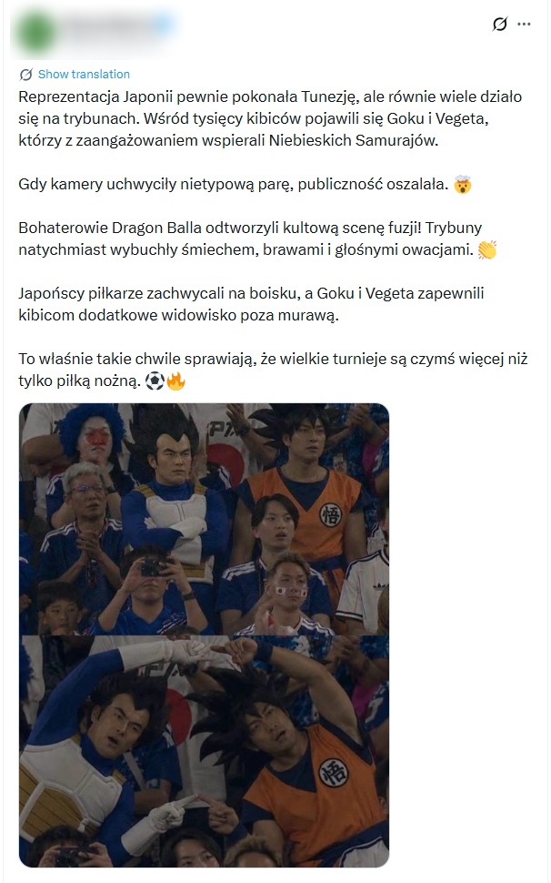Na meczu Japonii z Tunezją mieli pojawić się kibice przebrani za Goku i Vegetę