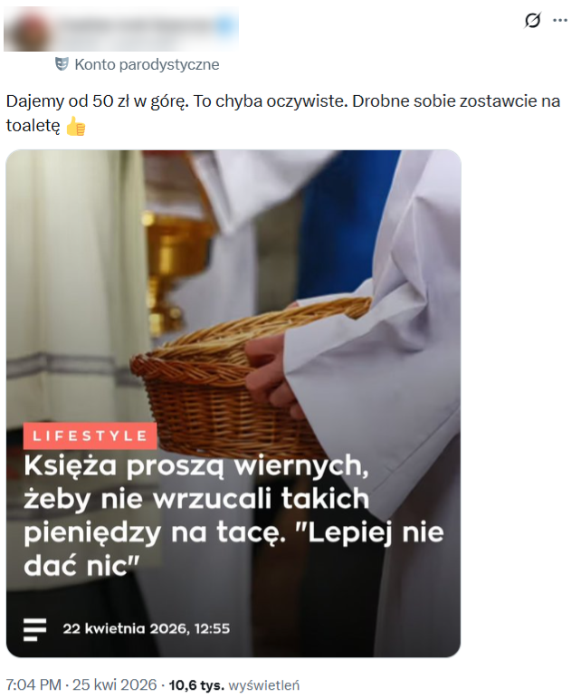 Wpis sugerował, że artykuł o datkach na tacę dotyczy Polski