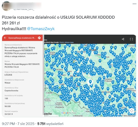 Pokazana na rządowej mapie dotacja dla właścicielki pizzerii, która chciała poszerzyć działalność o usługi solarium, krążyła w sieci już 7 sierpnia