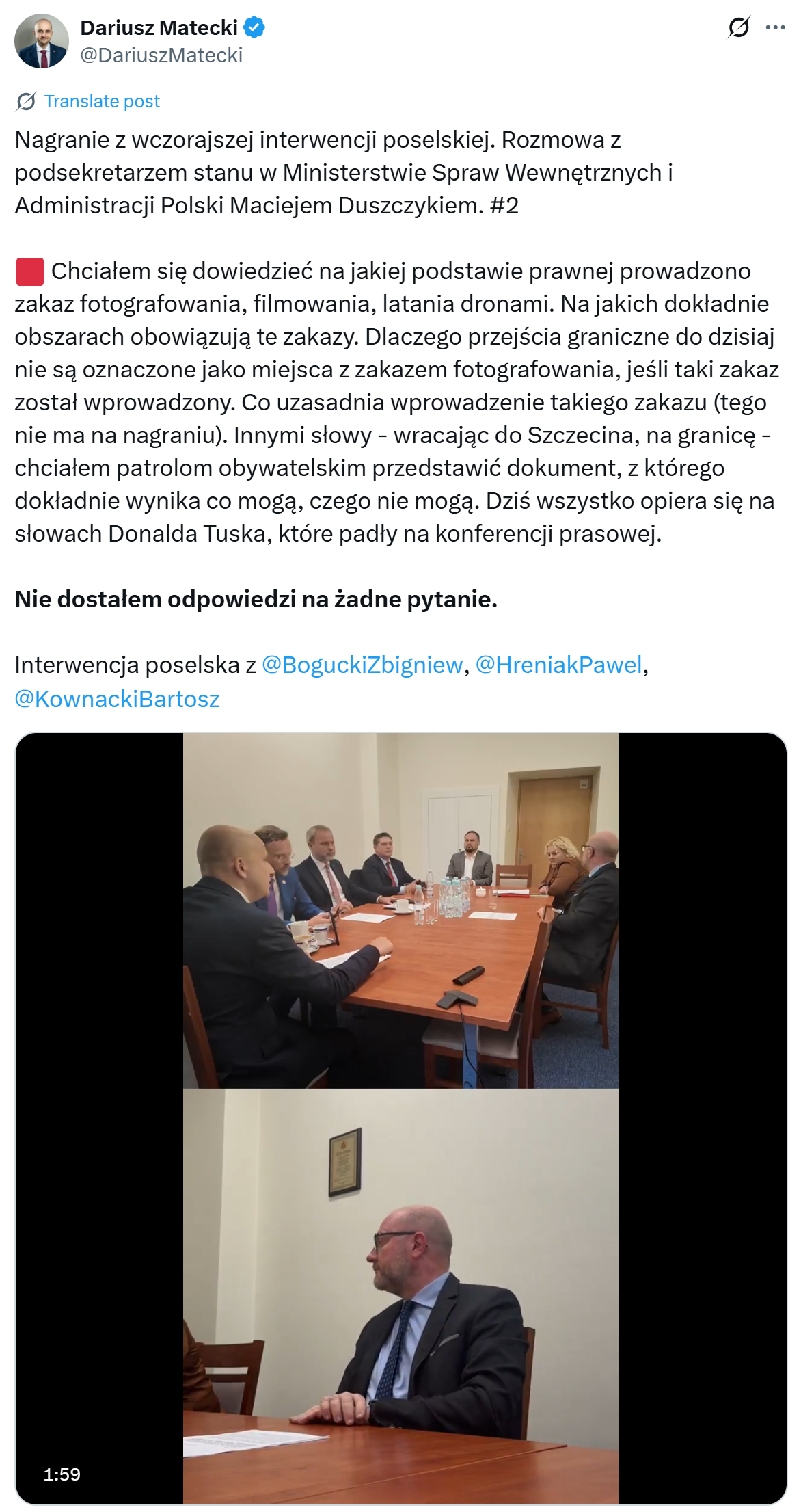 Wpis posła Mateckiego z interwencji poselskiej w MSWiA