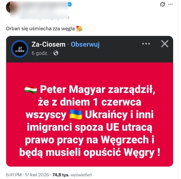 W innej wersji fałszywy przekaz rozszerzano o plany wydalenia z Węgier Ukraińców 