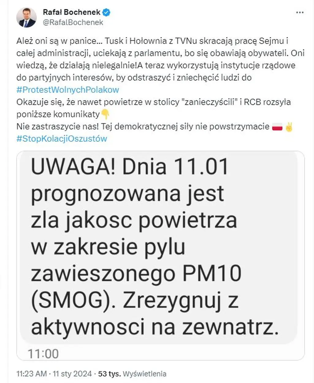 Wprowadzający w błąd post Rafała Bochenka o alercie smogowym RCB