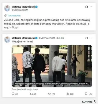 Tekst o rzekomo agresywnych migrantach w Zielonej Górze rozpowszechnił Mateusz Morawiecki