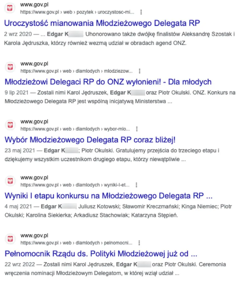 Wyszukiwarka Google pokazuje linki do tekstów, które istniały, ale teraz nie są już dostępne - po kliknięciu w linku jesteśmy przerzucani na stronę główną w domenie gov.pl  