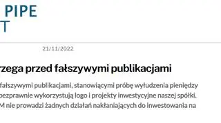 Ostrzeżenie na stronie baltic-pipe.eu - prawdziwej stronie bałtyckiego gazociągu