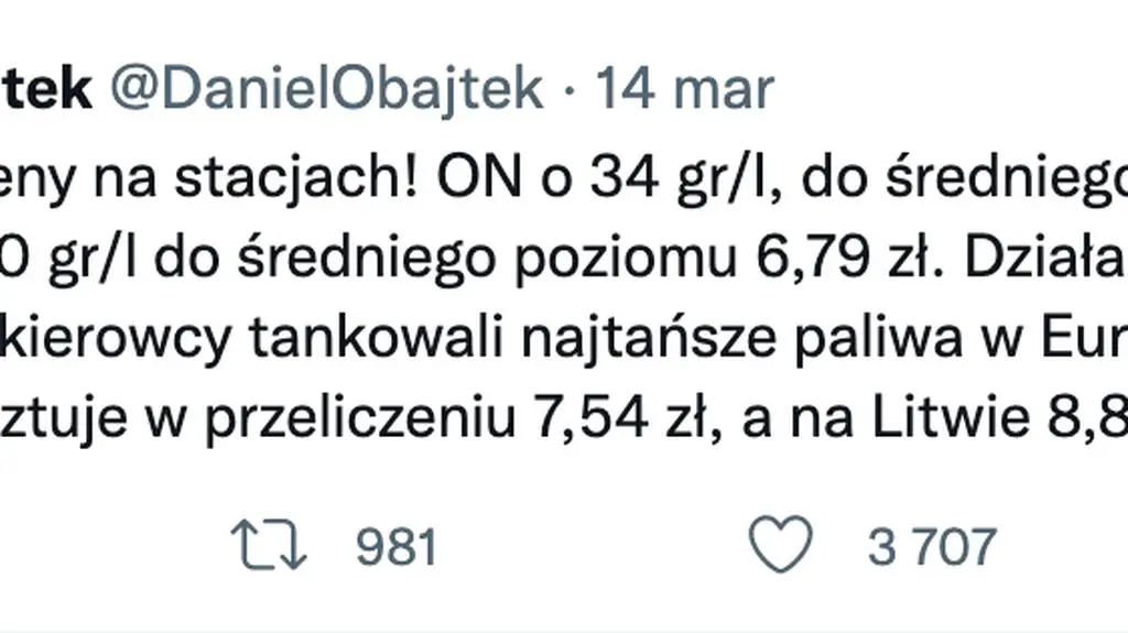 Wpis Daniela Obajtka o cenach paliw