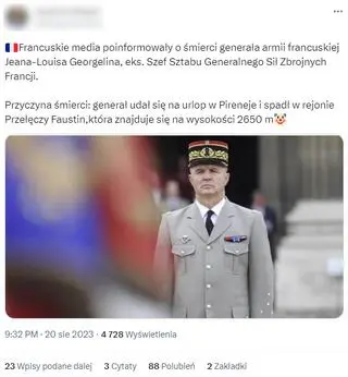 Internauta propaguje spiskową narrację o śmierci francuskiego generała