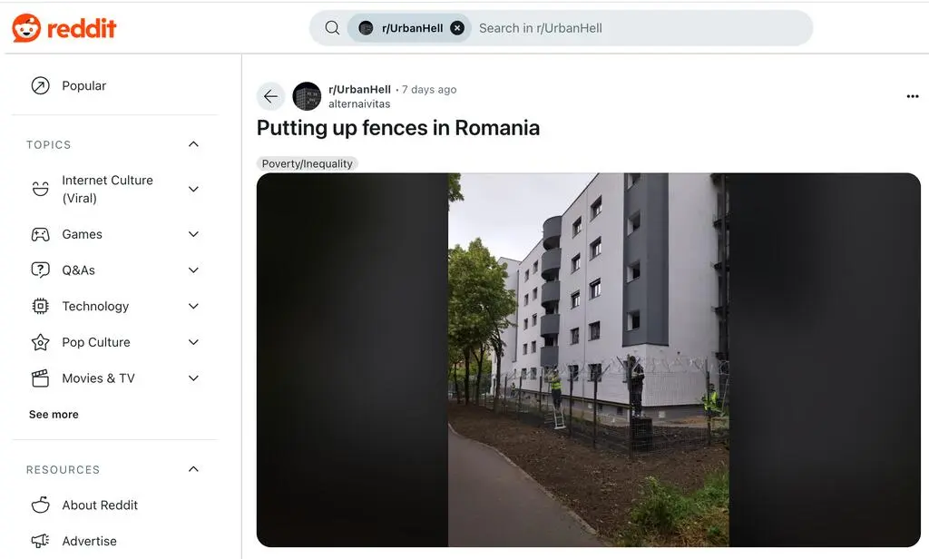Oryginalny post w serwisie Reddit z podpisem "Stawianie płotów w Rumuni"