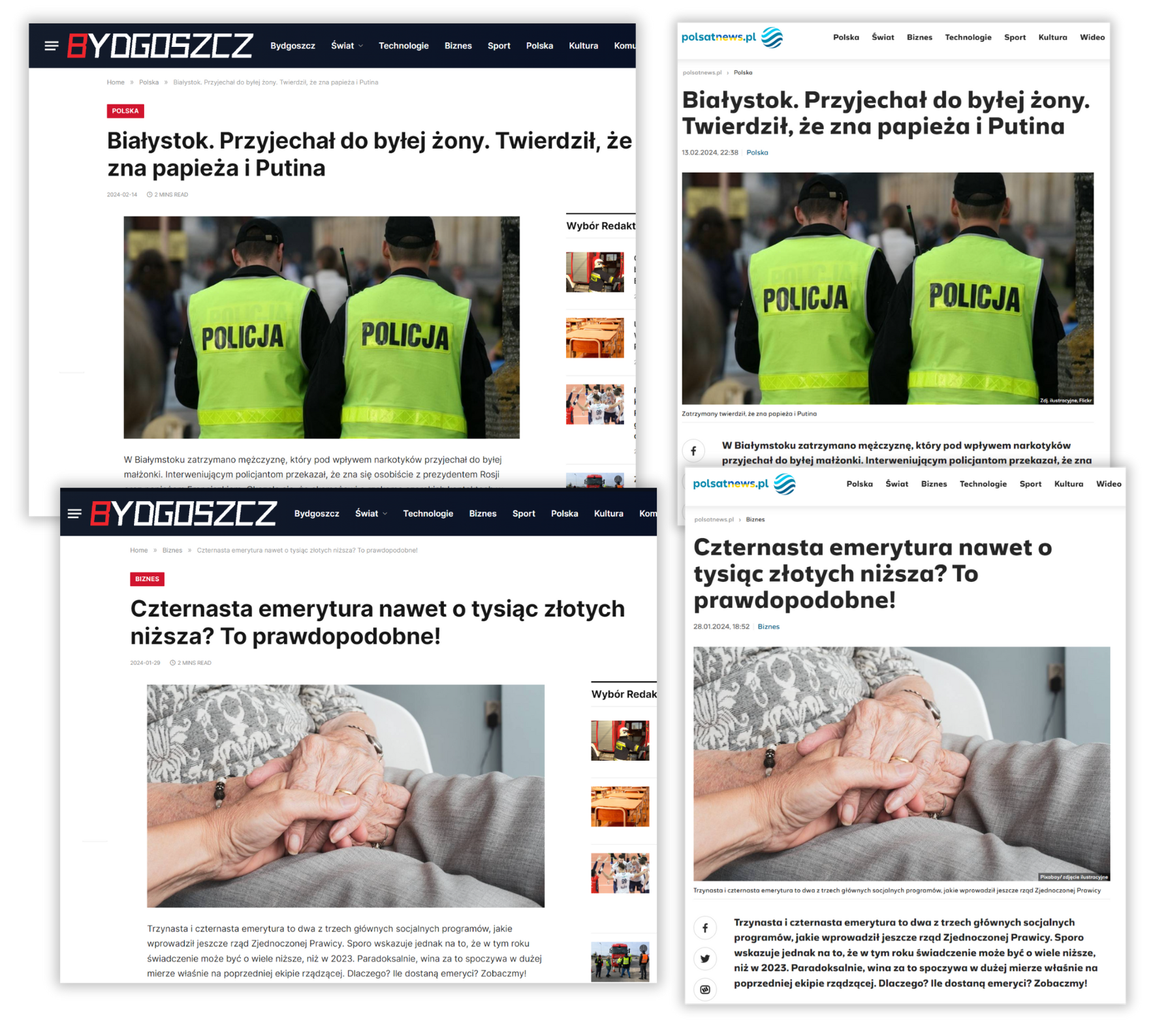 Artykuły opublikowane na Bydgoszcz Daily po lewej i ich oryginały opublikowane na polsatnews.pl po prawej